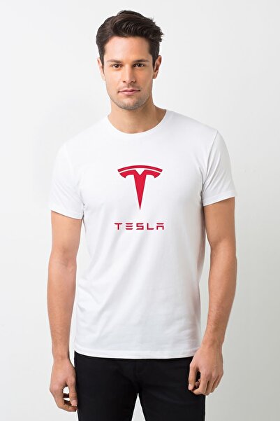 QIVI Tricou tricotat pentru bărbați alb cu sigla Tesla Motors imprimat