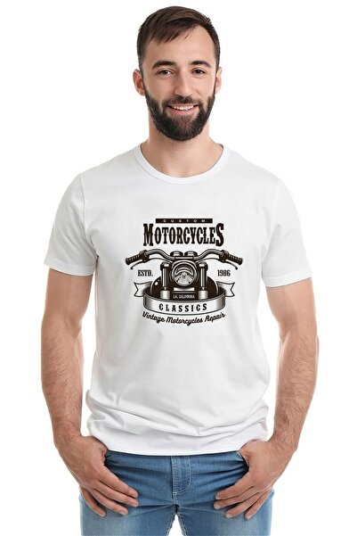 QIVI Ανδρικό πλεκτό μπλουζάκι American Moto Costum Classics με εμπριμέ λευκό