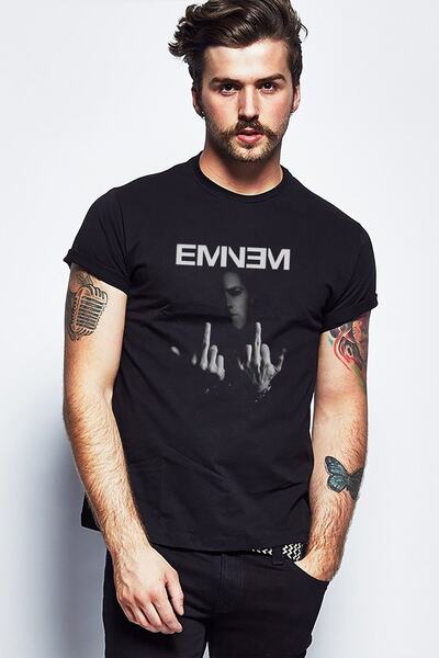 QIVI Tricou tricotat pentru bărbați, negru, imprimat cu degetul mijlociu Eminem