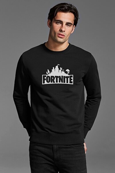 QIVI سويت شيرت محبوك أسود للرجال مطبوع عليه شعار Fortnite بأكمام طويلة