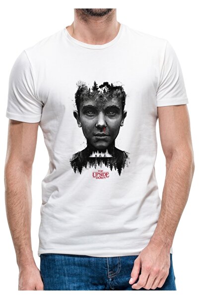 QIVI Tricou alb tricotat pentru bărbați cu imprimeu Stranger Things The Upsid...