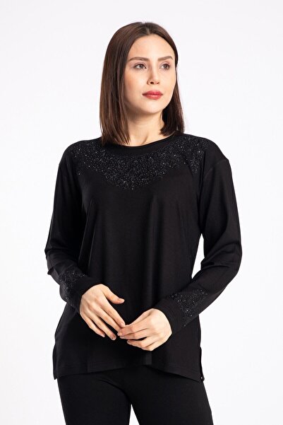 Nacar Anne Yaka Süslemeli Penye Bluz( Yaka Deseni Farklılık Gösterebilir )