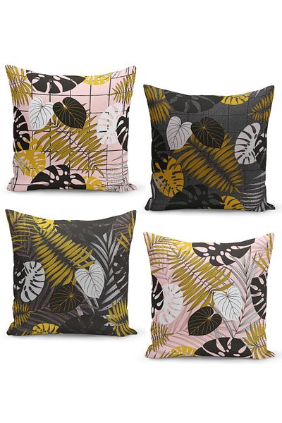 Filamente Set de huse de pernă din 4 piese din tweed de in Vedere de fundal Motiv cu frunze de monstera