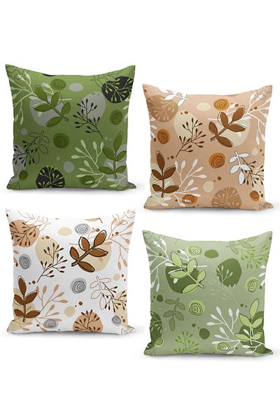 Filamente Set of 4 Throw Pillow Cases with Green and Beige Leaf Pattern