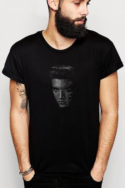 QIVI Elvis Presley Typography I Was Printed Tricou tricotat pentru bărbați, negru