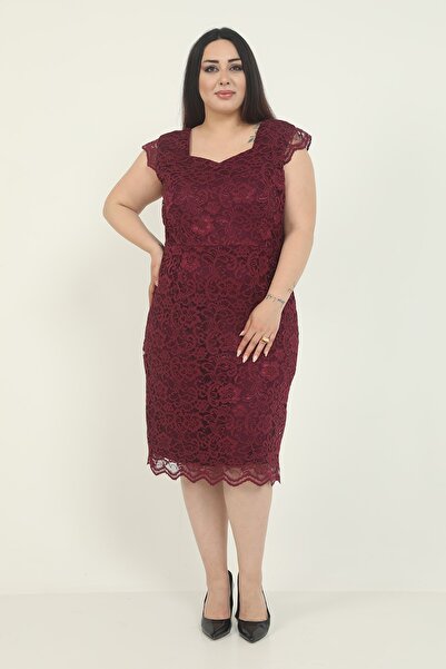 Butik Miza Mürdüm Dantel Büyük Beden Elbise