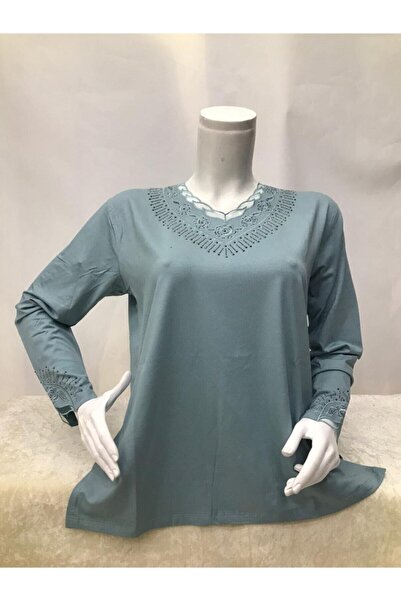 Nacar Yeni Sezon Anne Taşlı Penye Bluz ( Yaka Deseni Farklılık Gösterebilir )