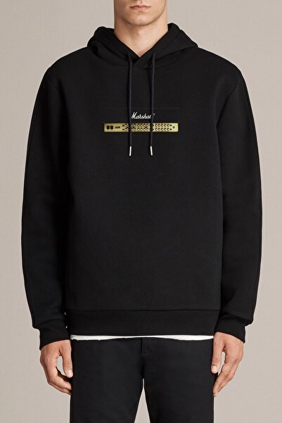 QIVI سويت شيرت رجالي أسود محبوك بغطاء للرأس مطبوع عليه موسيقى مارشال جو ساتري...