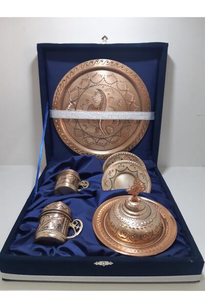 Burcu Bakır Bakır Kutulu 2 Li Kahve Takımı El Işi Eskiltme Gümüş Işçilik