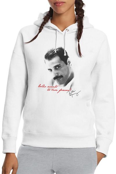 QIVI Hanorac tricotat cu glugă pentru femei, alb, cu imprimeu Freddie Mercury 2, cu mânecă lungă