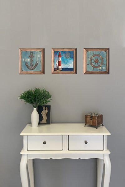 Oscar Stone Decor Deniz Feneri Çapa Dümen Masif Ahşap Çerçeveli Taş Tablo Pano 3'lü Set  28x28 cm
