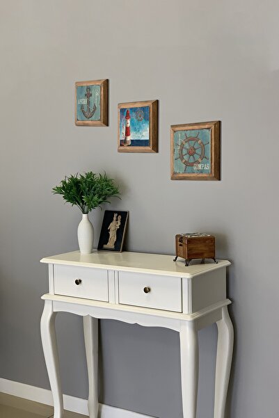 Oscar Stone Decor Deniz Feneri Çapa Dümen Masif Ahşap Çerçeveli Taş Tablo Pano 3'lü Set  28x28 cm