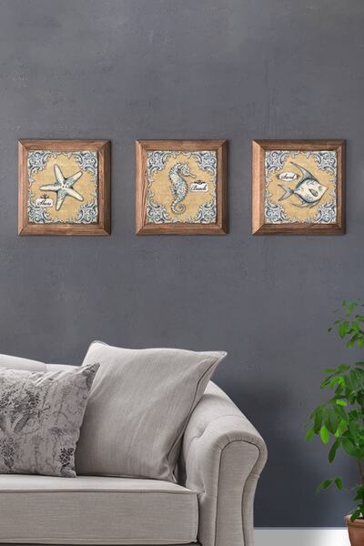 Oscar Stone Decor Masif (ahşap) Çerçeveli 3'lü Set Taş Tablo Pano 28x28 Cm Ba...