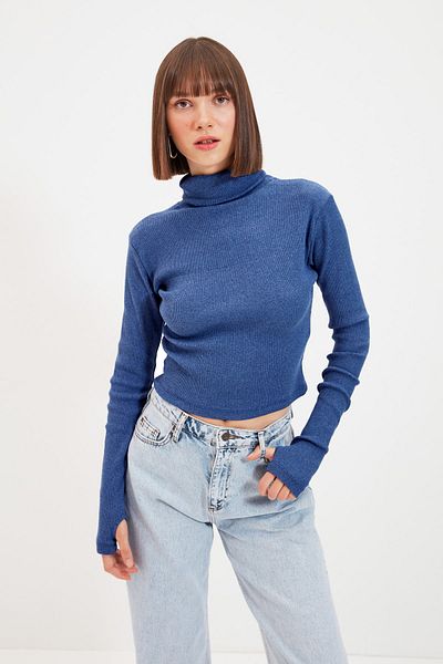 Trendyol Collection Rugalmas zsinóros kötött blúz - indigó, garbó, ujjakkal részletezett TWOAW21BZ0071