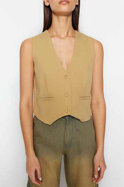 Trendyol Collection Dark Beige Crop/Short Regular Woven Vest Twoss22Ye0053