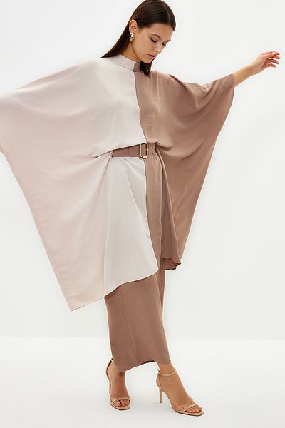 Trendyol Modest Mink színű blokk öves derék tunika-nadrág szőtt öltöny TCTSS23US00046