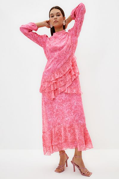 Trendyol Modest Rosa Blumenrock, gerüschtes, gefüttertes Kleid aus gewebtem Chiffon TCTSS23EB00160