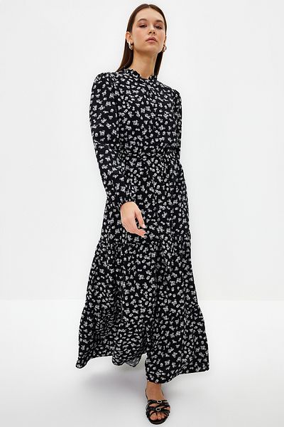 Trendyol Modest Černá pásková sukně tkané tkané šaty s květinovým vzorem TCTSS23EB00294