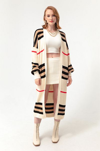 Lafaba Beige-brauner, langer Strick-Cardigan mit Ballonärmeln für Damen