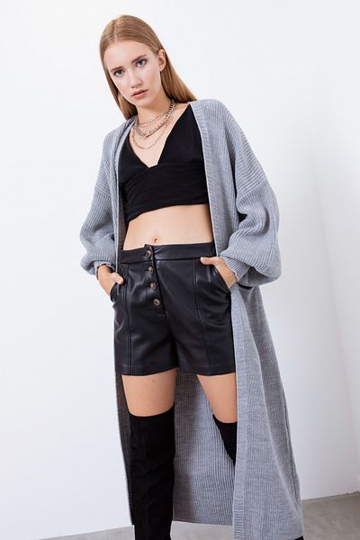 Lafaba Grauer langer Damen-Cardigan mit Ballonärmeln