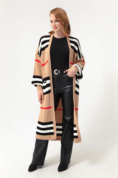 Lafaba Hellbraun-schwarzer, langer Strick-Cardigan mit Ballonärmeln für Damen