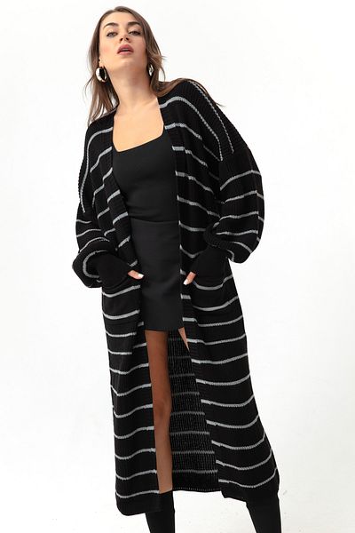 Lafaba Schwarz-grauer langer Strick-Cardigan mit Ballonärmeln für Damen