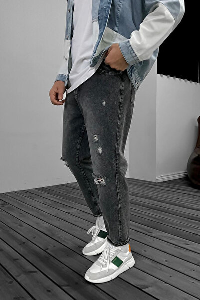 BDRMAN Boyfriend Gri Renk Diz Yırtık Modelli Kot Pantolon