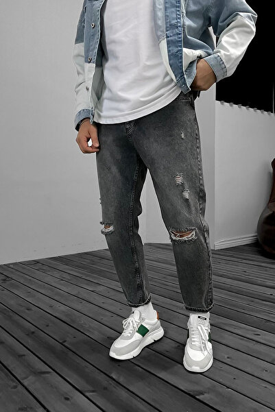 BDRMAN Boyfriend Gri Renk Diz Yırtık Modelli Kot Pantolon