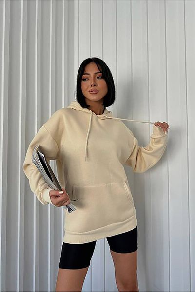 Neşeli Butik γυναικεία μπεζ κουκούλα με τσέπη καγκουρό φούτερ με τρεις κλωστές FVR002