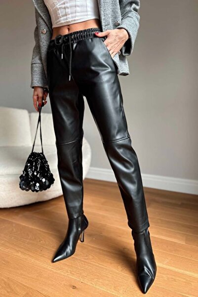 Dali Giyim Premium Quality Lace-Up Waist Knee Stitching Detail Leather Trousers