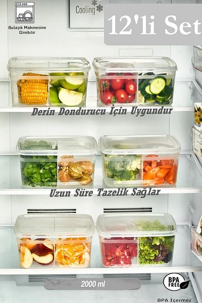 Bayev 12 Pieces Duo Transparent 2 Lt Refrigerator Storage Container - Suitable for Deep Freezer