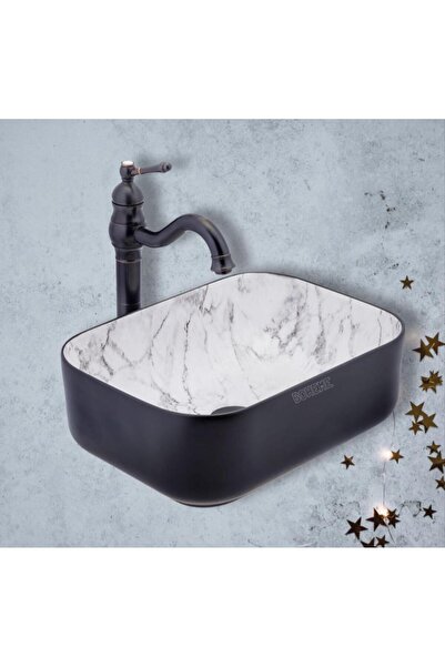 Boheme Scope 50 cm Mat Siyah Calacatta Tezgah Üstü Çanak Lavabo Şık Tasarım