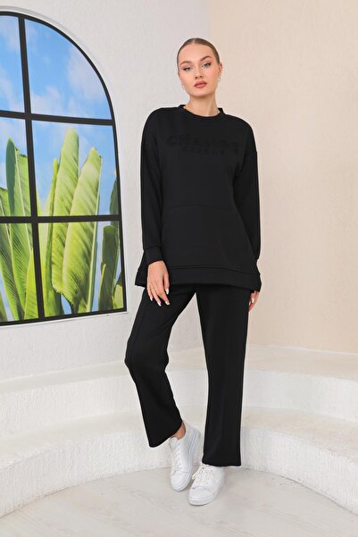 WestBound Women's BLACK Color Crew Neck Sweat Wide Leg Trousers Hijab Sports Suit