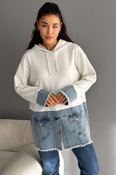 FEMELLE Women's Hooded Denim Denim Detailed Button Design Sweatshirt