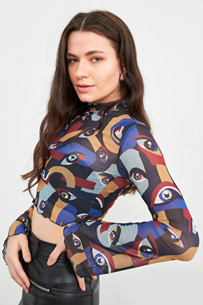 Bipantolon Women's Eye Figure Patterned Spanish Sleeve Crop Tulle Blouse