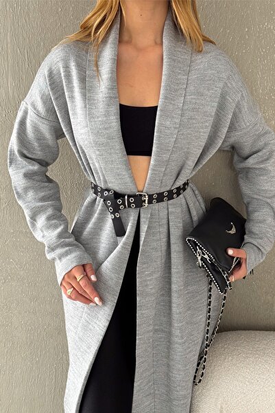 FEMELLE Women's Gray Standard Size Shirt Collar Knitwear Cardigan