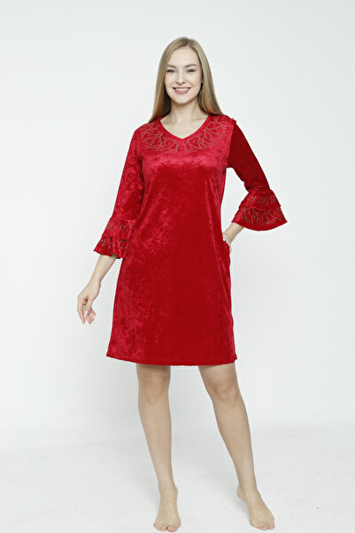 İntensive βελούδινο φόρεμα με μανίκια από κόκκινη πέτρα