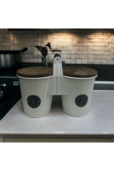 LUCKYHOMES Special Production Wooden Lid Tea Sugar Bucket 2 Pieces, Metal Pulses Bucket White 30x16