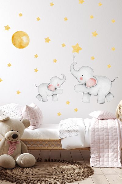 Sim Tasarım Mother Baby Soft Color Cute Elephants Kids Room Wall Sticker Set