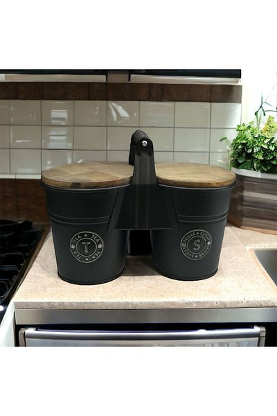LUCKYHOMES Special Production Wooden Lid Tea Sugar Bucket 2 Pieces, Metal Pulses Bucket Black 30x16