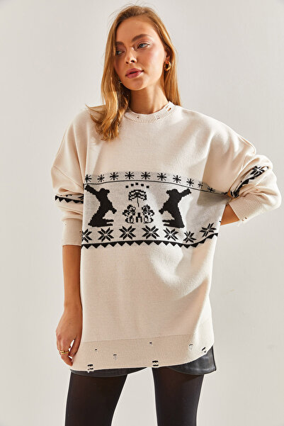 Bianco Lucci Women's Rabbit and Torn Patterned Knitwear Sweater