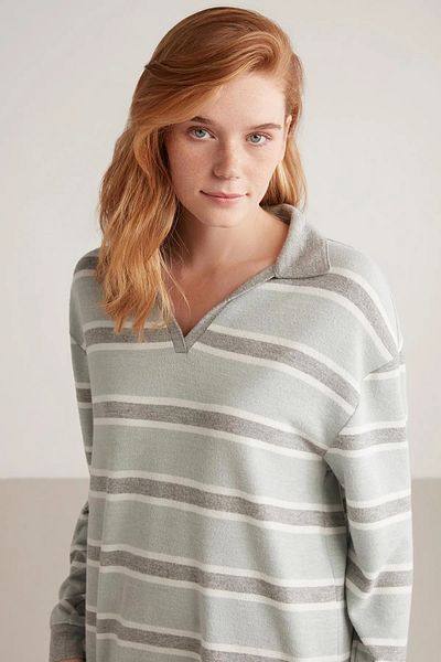 Catherine's CATHERİNES POLO COLLAR LONG SLEEVE SOFT TEXTURED LONG SLEEVE WOMEN'S PAJAMA SET 2426