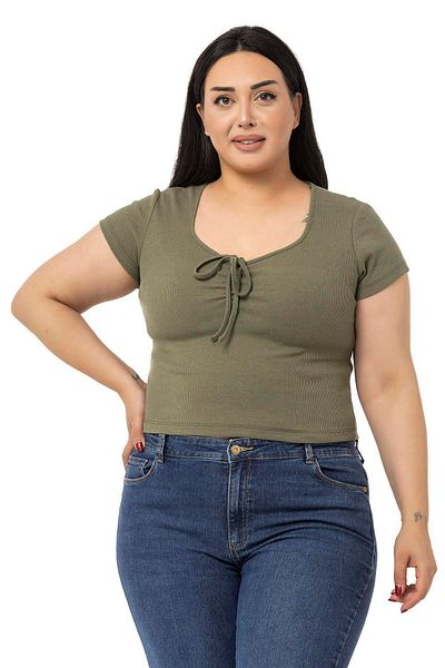 DISENTIS MODEST Plus Size Half Sleeve Camisole Khaki Body with Lacing Detail on the Chest