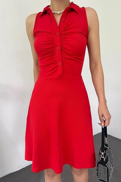WOMAN VISION Rochie roșie fără mâneci, cu guler de cămașă, design otoman, țesătură elastică 5060