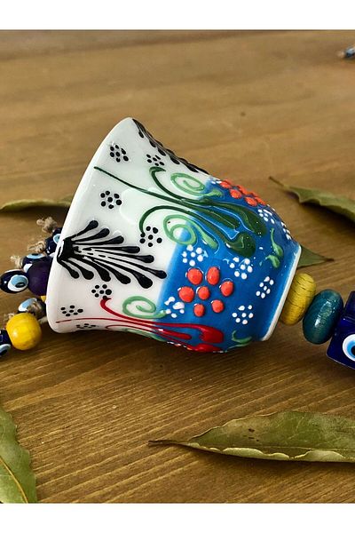Art inside White Ceramic Bell Tile Patterned Evil Eye Bead and Wooden Bead Detailed Home Office Ornament
