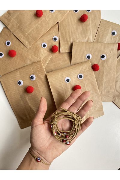 TAKI BY EKİN Set of 10 New Year's Gift Bracelets with Red String, Glass Evil Eye Beads and 10 Deer Gift Packages
