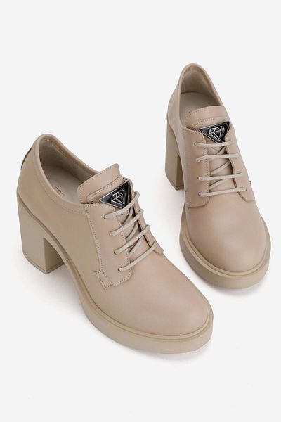TUNAELLİ PANTOFI OXFORD CU TOC DE PIELE NATURALĂ BEJ DE FEMEI