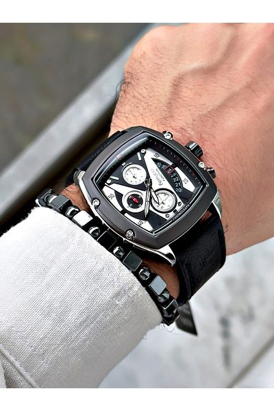 Ferrucci Black Color Leather Strap Square Functions Active Men's Wristwatch + BRACELET WITH GIFT