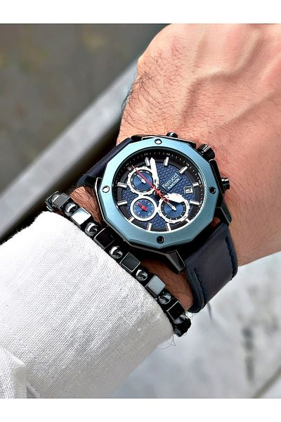 Ferrucci Stylish Design Men's Watch with Dark Blue Leather Strap Function + BRACELET WITH GIFT