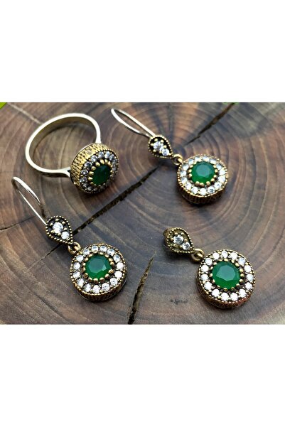 Doğan Silver 925 AYAR GÜMÜŞ ZÜMRÜT VE ZİRKON TAŞLI OTANTİK ÜÇLÜ SET DGN21624